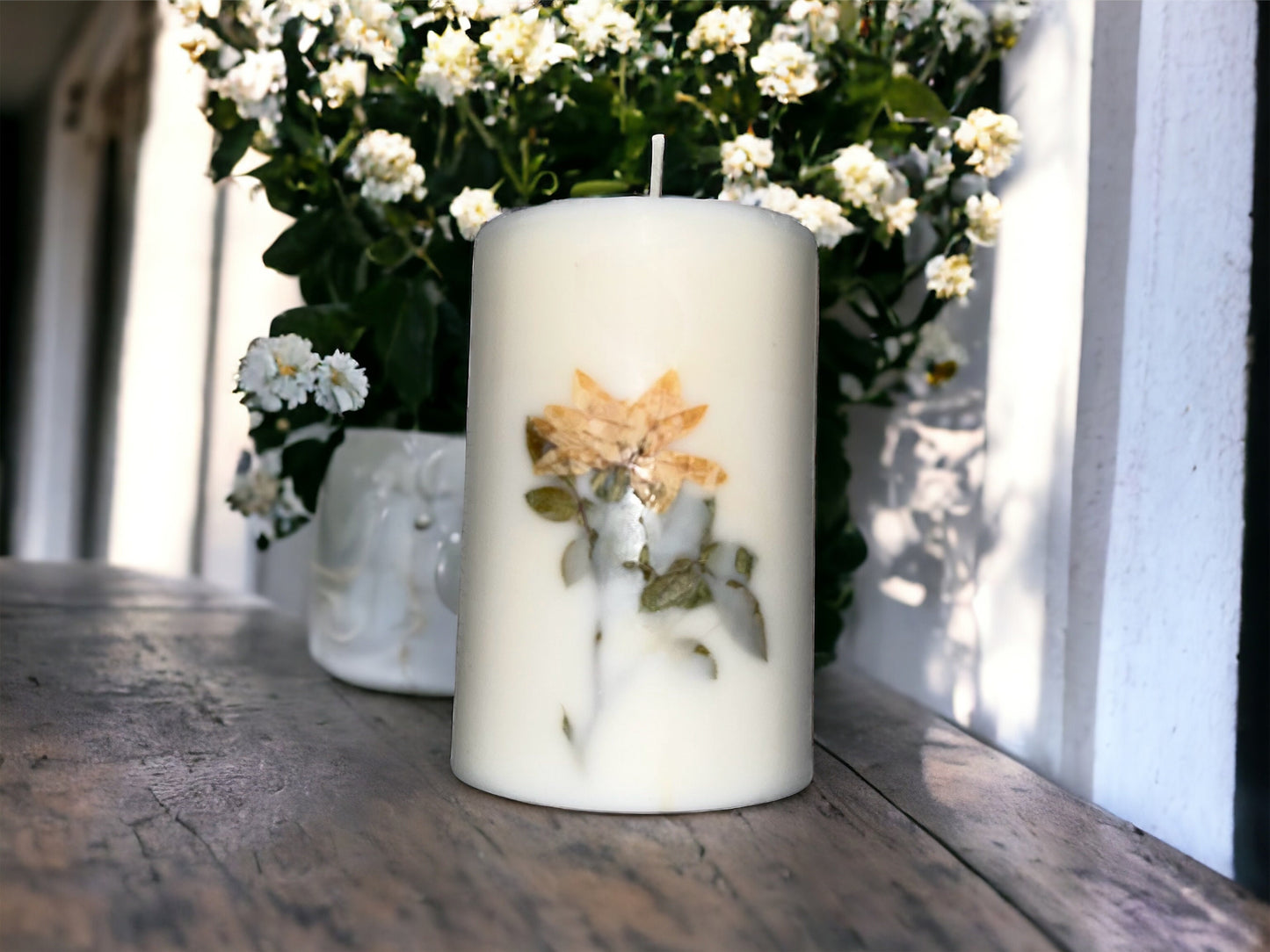 Yellow Rose on Stem Botanical Pillar Candle