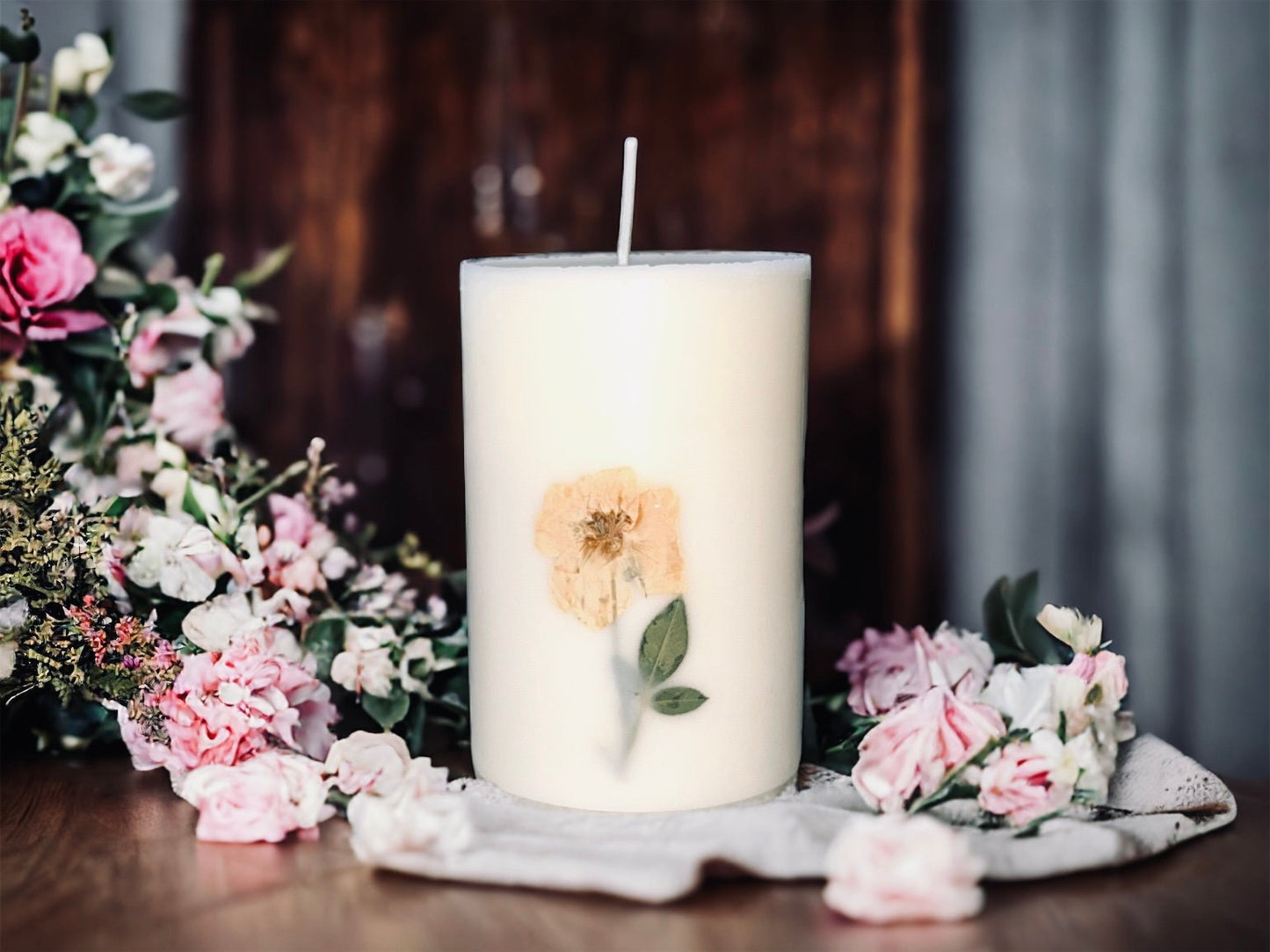 Yellow Rose on Stem Botanical Pillar Candle