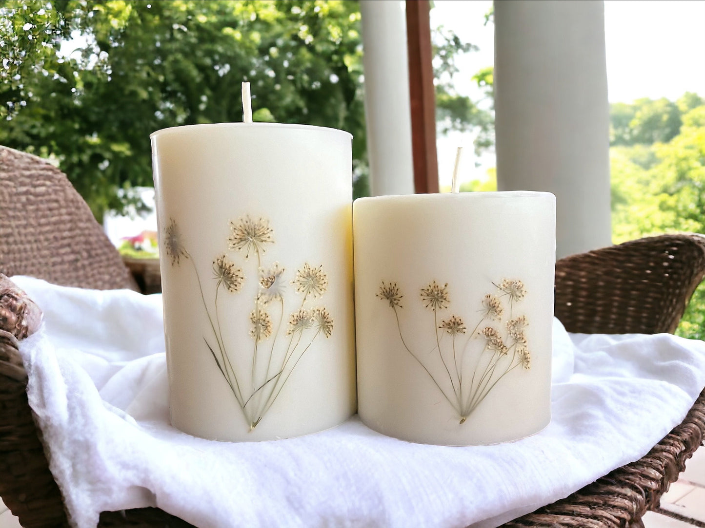 White/Cream Pressed Anne's Lace Botanical Pillar Candle. Gift for Mother's Day, Birthday, Anniversary, Housewarming, Bridal, Baptism