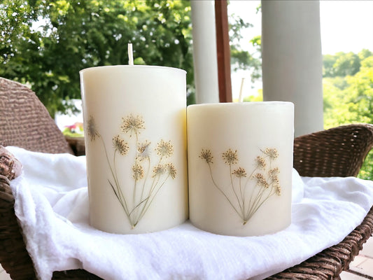 White/Cream Pressed Anne's Lace Botanical Pillar Candle. Gift for Mother's Day, Birthday, Anniversary, Housewarming, Bridal, Baptism