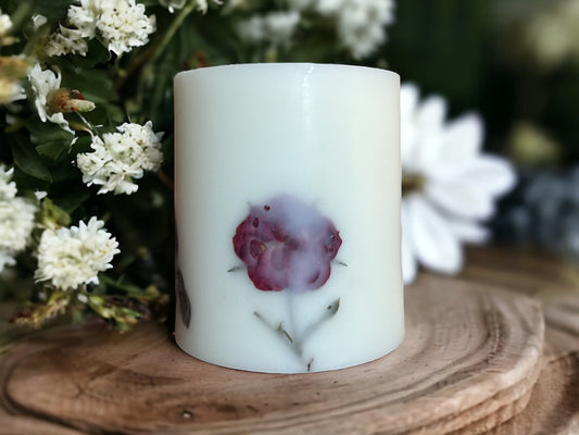 Pressed Red Rose on Stem Botanical Pillar Candle