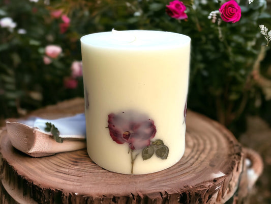 Pressed Red Rose Candle: Handmade Botanical Pillar Candle.