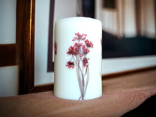 Red Pressed Anne's Lace Pressed Flower Botanical Pillar Candle