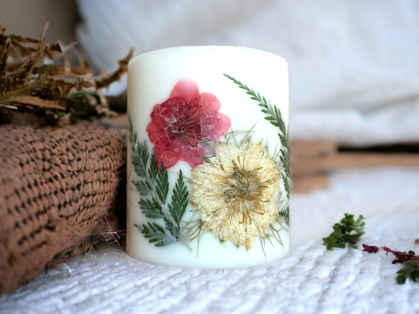 Pink/beige Pressed Flower Botanical Pillar Candle