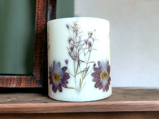 Purple Pressed Flower Pillar Candle: Botanical Soy Wax Candle (3.5").