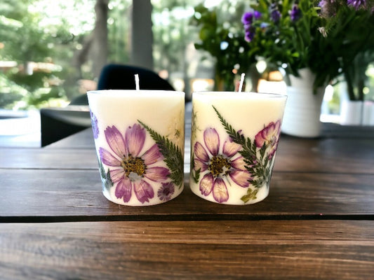 Berry Purple Pressed Flower Botanical Pillar Candle