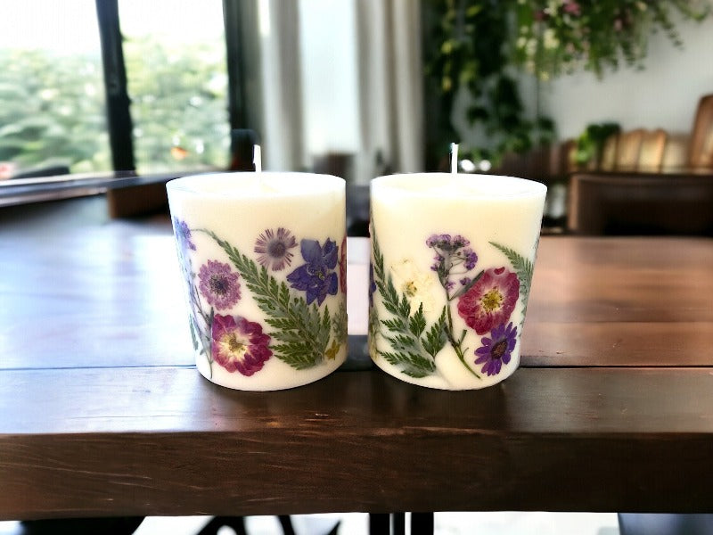 Berry Purple Pressed Flower Botanical Pillar Candle