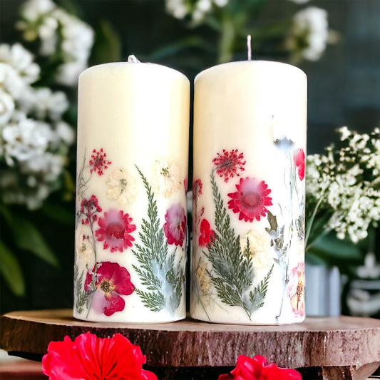 Red Pressed Flower Botanical Pillar Candle