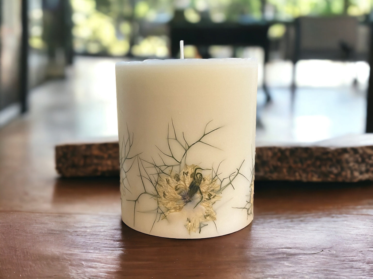 Pressed Nigella Flower Pillar Candle: Botanical Decor.