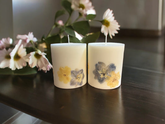 Custom Botanical Pillar Candle: Real Pressed Flowers, Blue/Yellow.