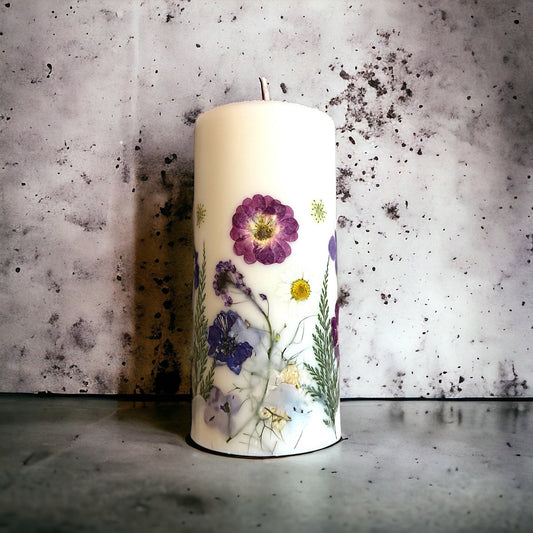 Pressed Flower Pillar Candle: Berry Botanical Soy Wax Candle.