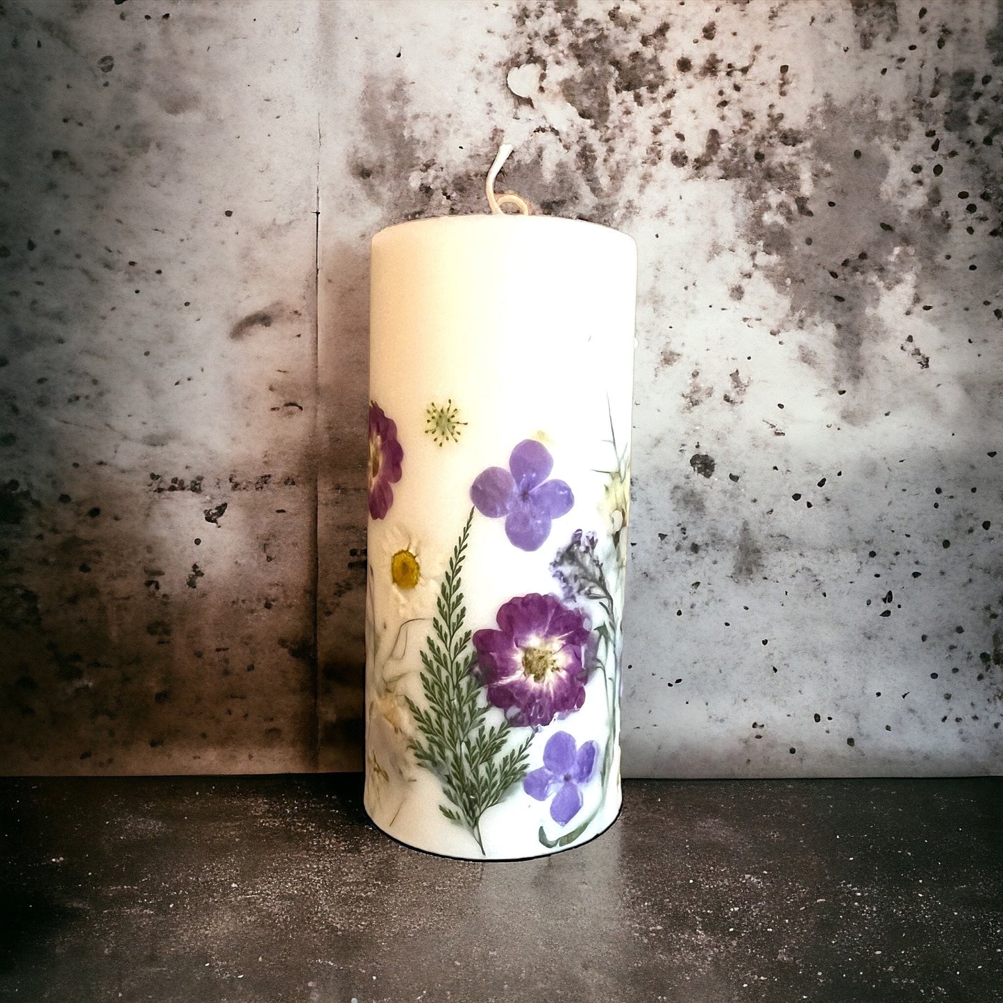 Pressed Flower Pillar Candle: Berry Botanical Soy Wax Candle.