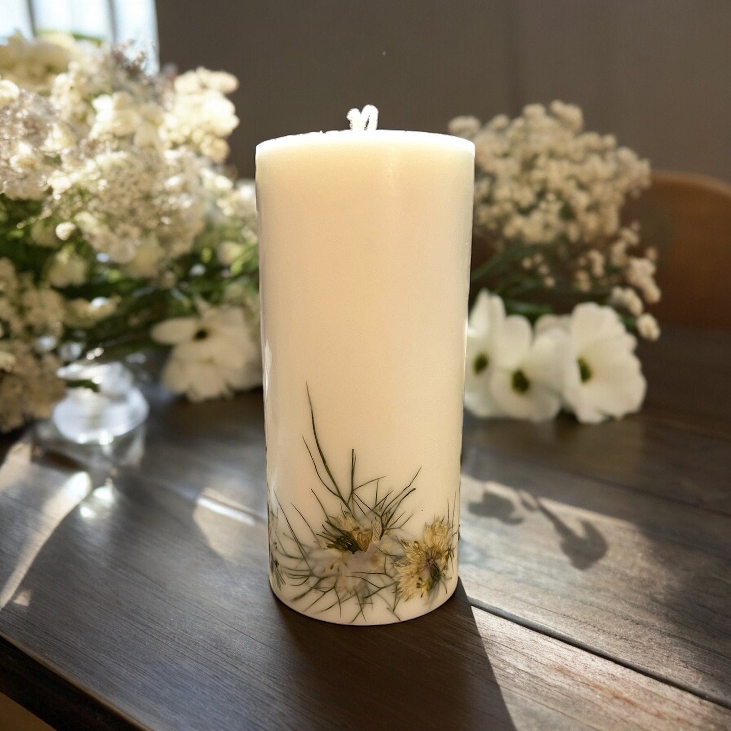 Pressed Nigella Flower Pillar Candle: Botanical Decor.