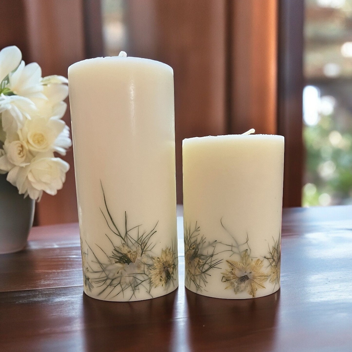 Pressed Nigella Flower Pillar Candle: Botanical Decor.