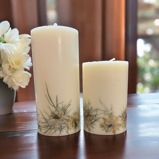 Pressed Nigella Flower Pillar Candle: Botanical Decor.