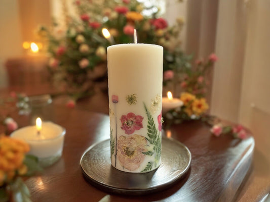 Pressed Flower Pillar Candle: Handmade Botanical Decor (3.5" x 6.5").