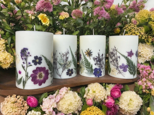 4.5 inch Handmade Decorative Botanical Pillar Candles with Real Pressed Flowers. Candle w Dried Flowers, Custom Candles Made to Order.