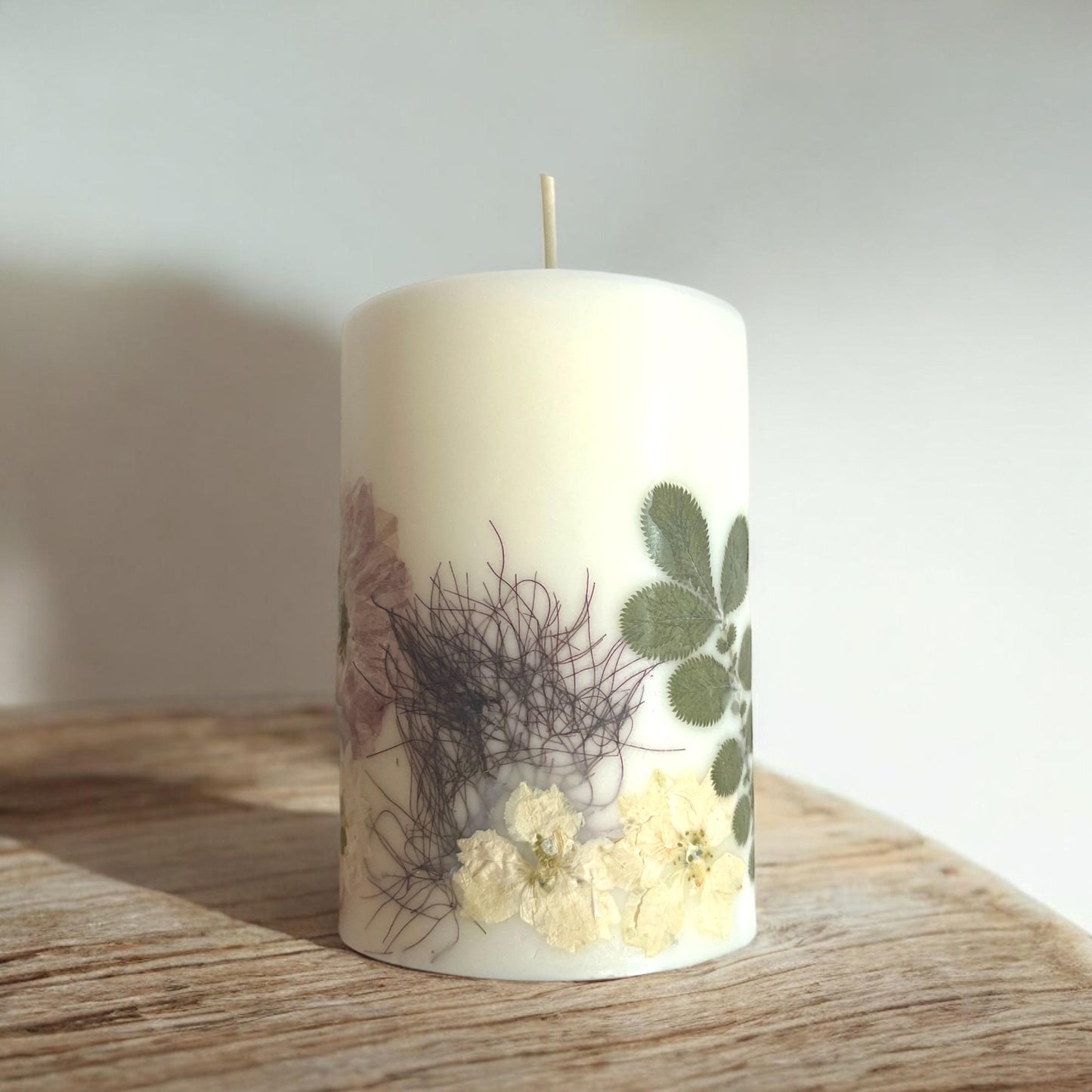 Handmade Pressed Flower Candle: 4.5" Botanical Soy Wax Pillar.