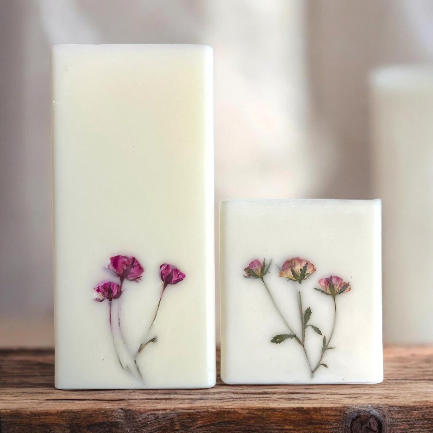 Pressed Rose Botanical Candle: 6" Handmade Soy Wax Pillar.