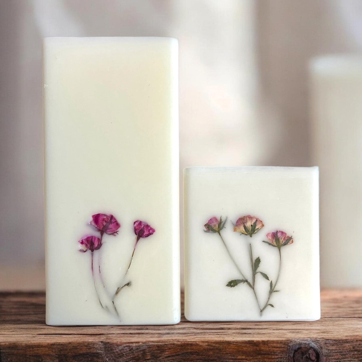 Handmade Pressed Flower Pillar Candle, Botanical Decor, 3.5 Inch Square