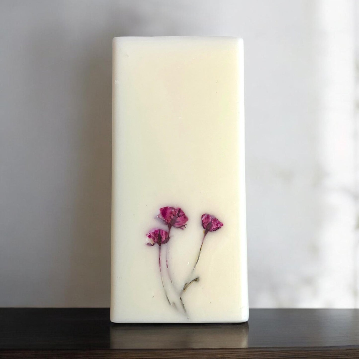 Pressed Rose Botanical Candle: 6" Handmade Soy Wax Pillar.