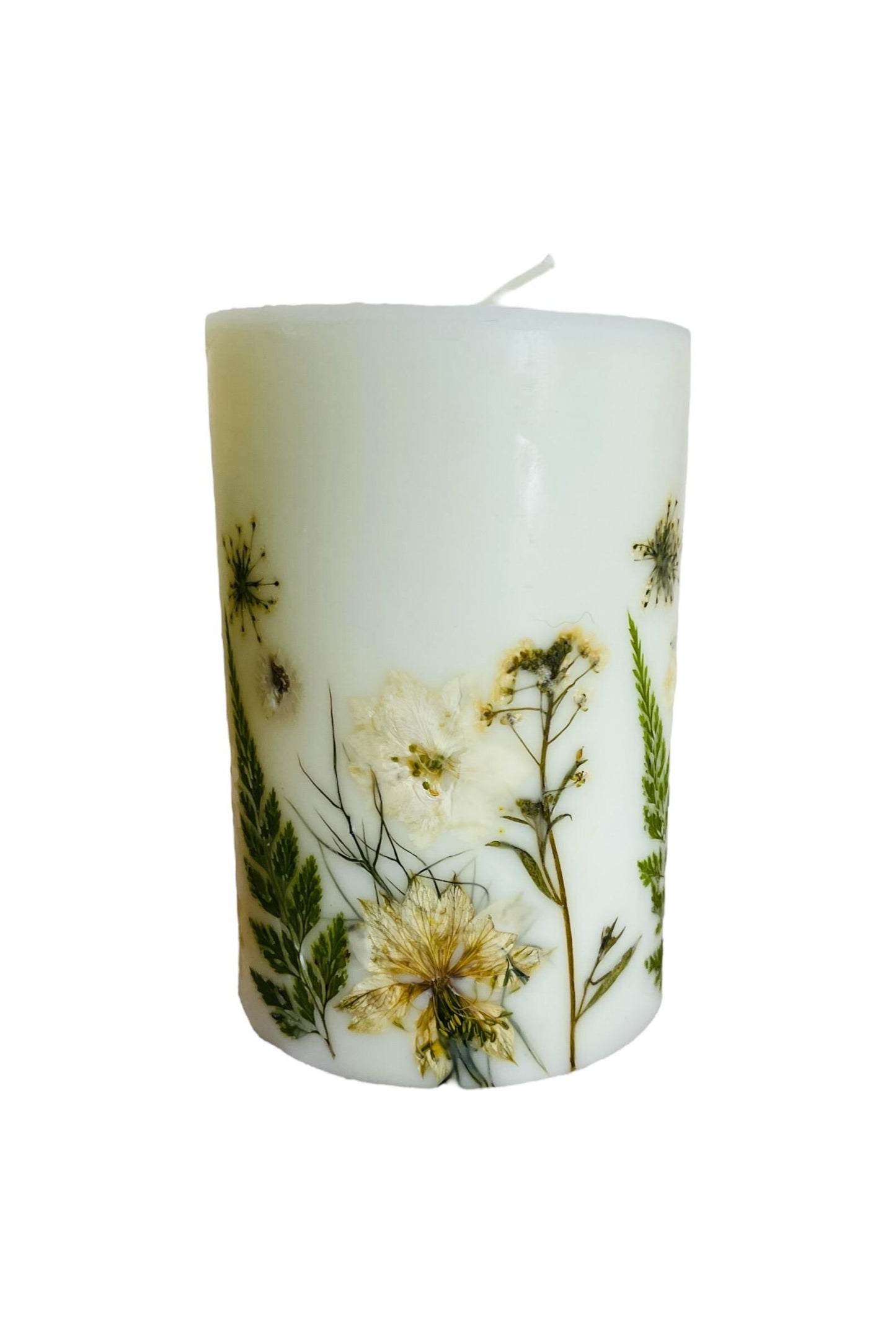 Pressed Flower Pillar Candle: 4.5 Inch Handmade Botanical Candle.