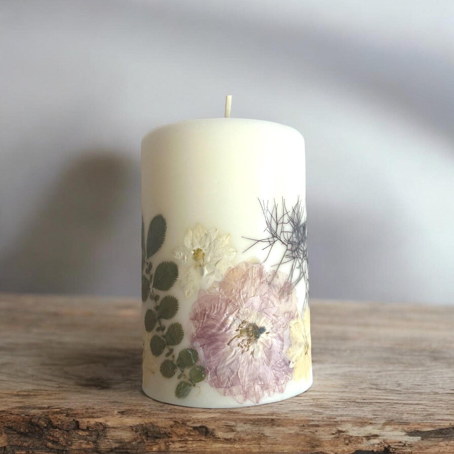 Handmade Pressed Flower Candle: 4.5" Botanical Soy Wax Pillar.