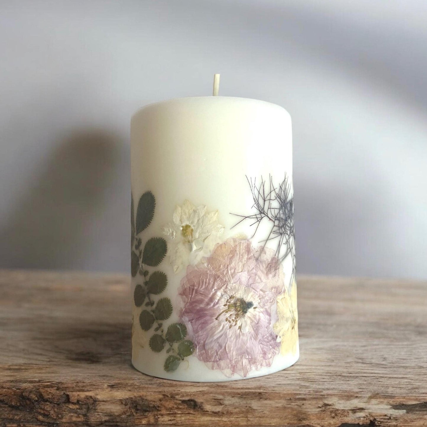 Handmade Pressed Flower Candle: 4.5" Botanical Soy Wax Pillar.