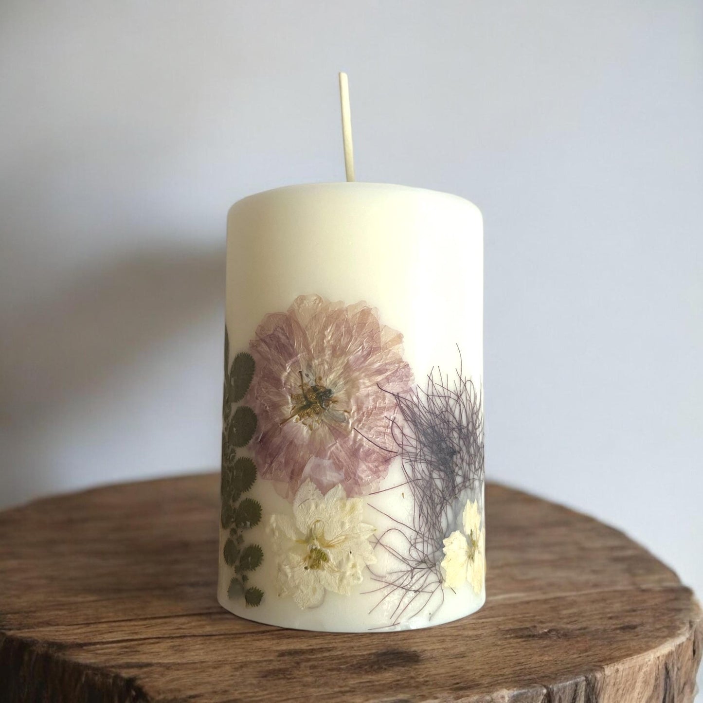 Handmade Pressed Flower Candle: 4.5" Botanical Soy Wax Pillar.