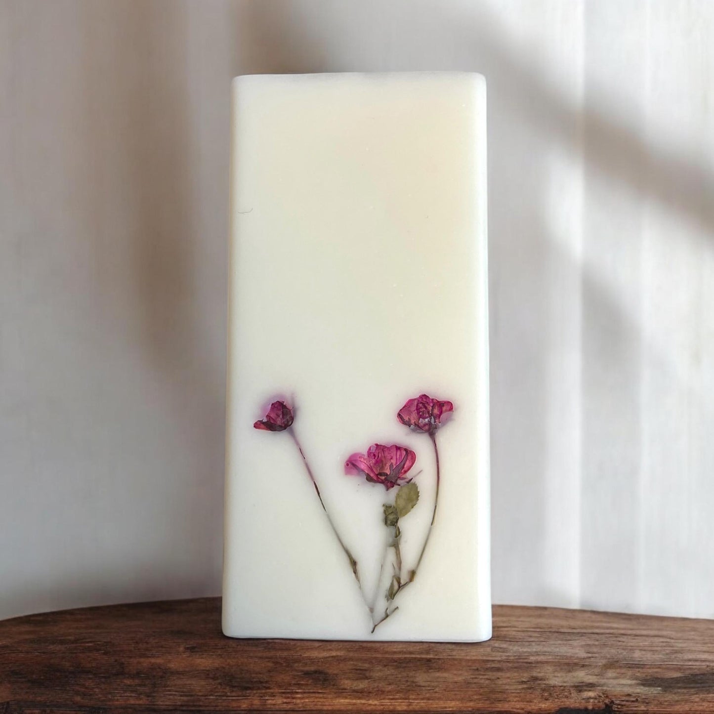 Pressed Rose Botanical Candle: 6" Handmade Soy Wax Pillar.