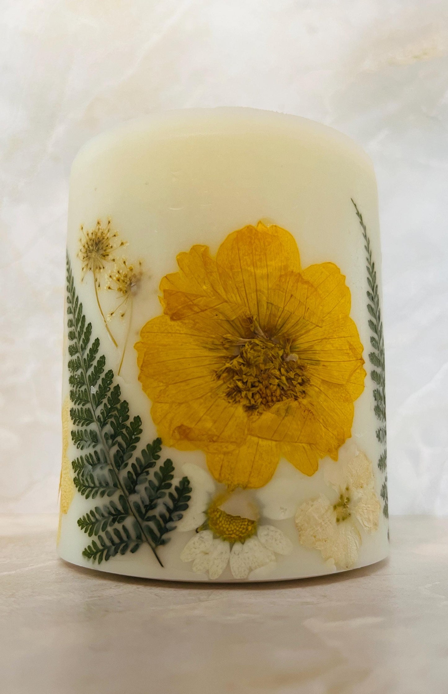 Yellow Pressed Flower Pillar Candle: Handmade Botanical Soy Wax Candle.
