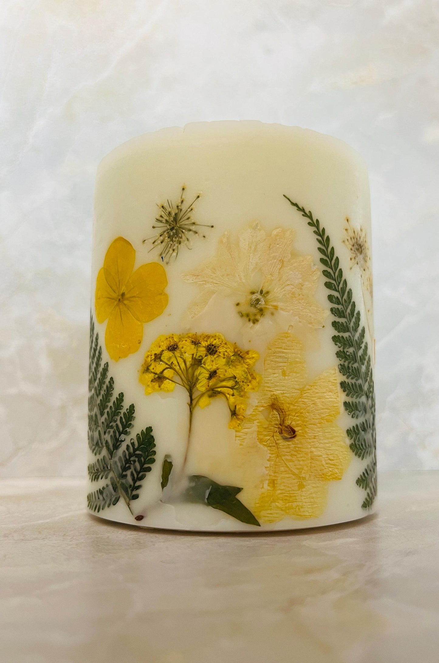 Handmade Yellow Pressed Flower Pillar Candle, Botanical Decor