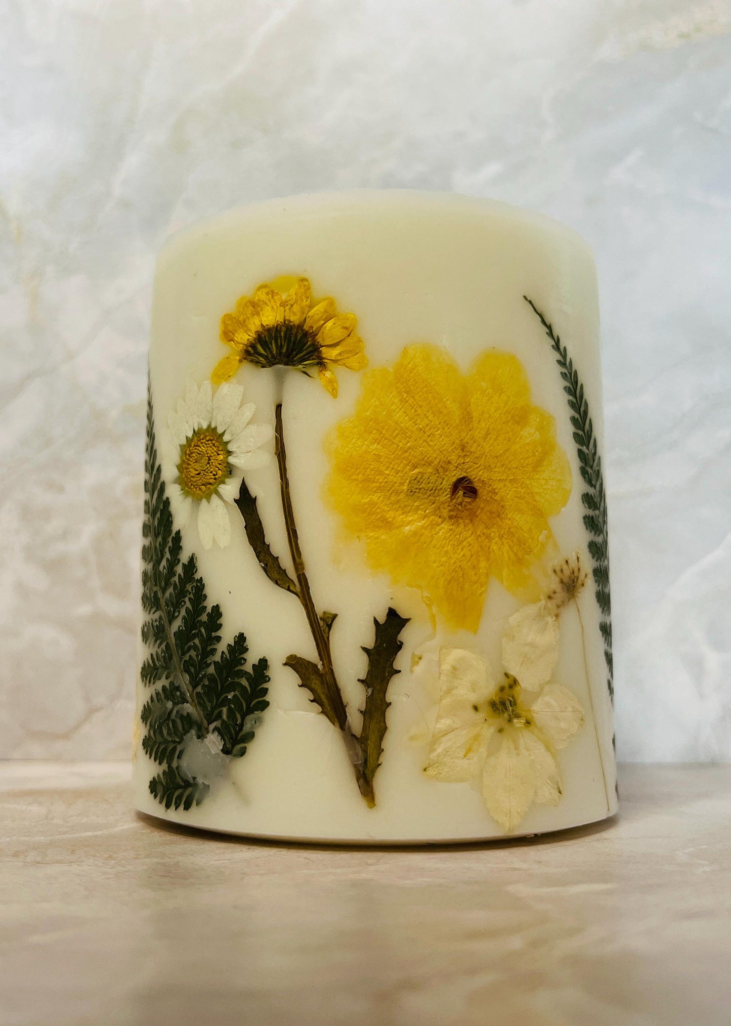 Yellow Pressed Flower Pillar Candle: Handmade Botanical Soy Wax Candle.