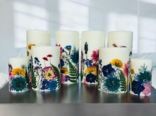Hand Pressed Botanical Pillar Candle: Tropical Floral Design
