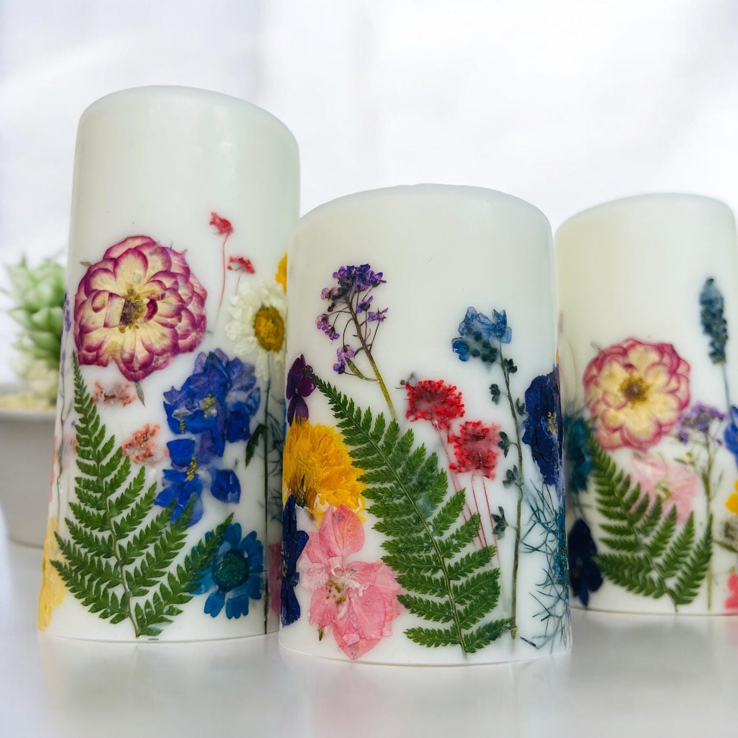 Hand Pressed Botanical Pillar Candle: Tropical Floral Design