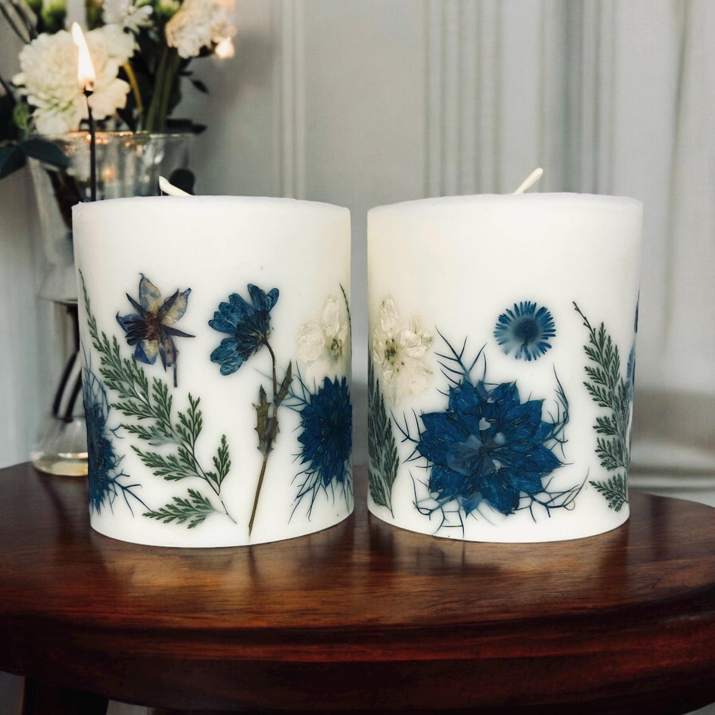 Handmade Botanical Pillar Candle with Real Pressed Flowers, Blue Decor