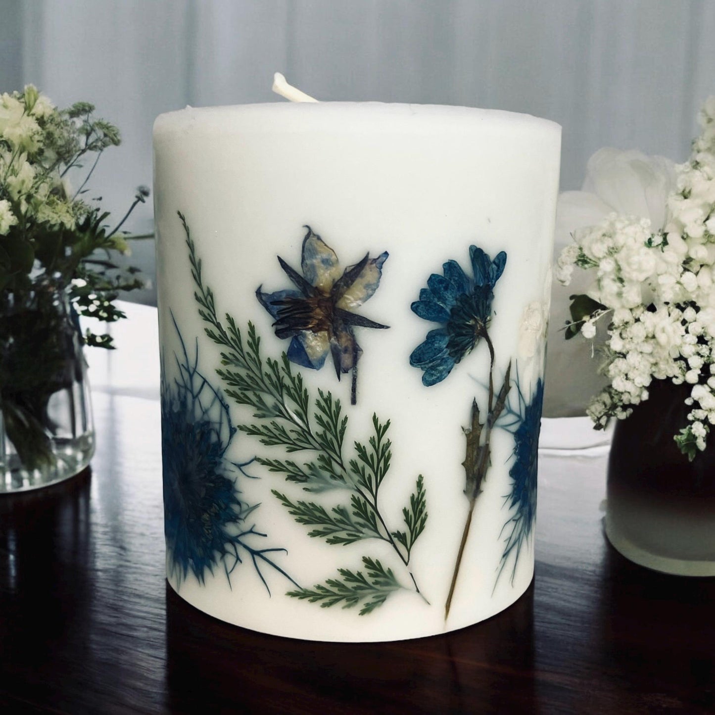 Handmade Botanical Pillar Candle with Real Pressed Flowers, Blue Decor