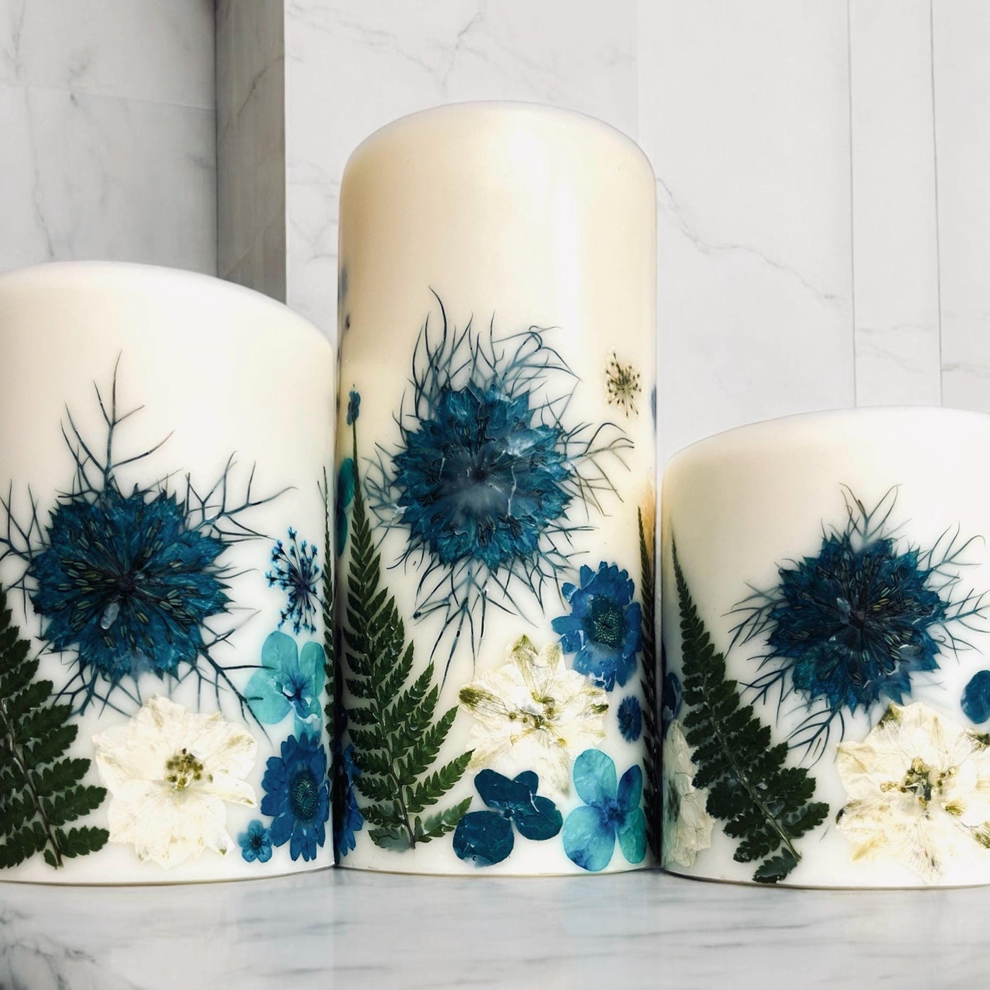 Handmade Botanical Pillar Candle with Real Pressed Flowers, Blue Decor