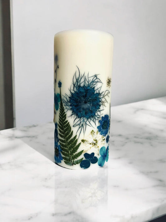 Blue Pressed Flower Handmade Decorative Botanical Pillar Candles with Real Pressed Flowers. Candle w Dried Flowers, Custom Candles