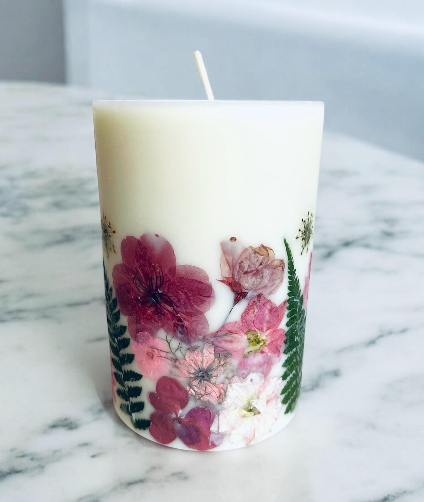 Handmade Pressed Flower Candle: Botanical Pillar, 4.5 Inch.