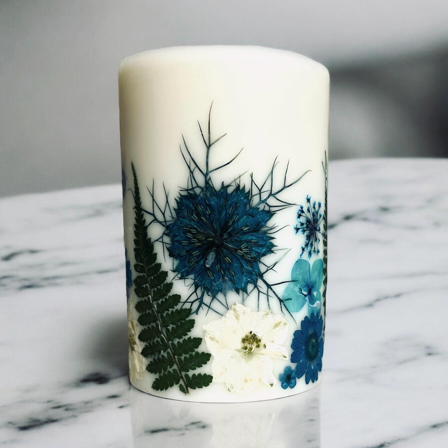 Handmade Pressed Flower Candle: Botanical Pillar, 4.5 Inch.