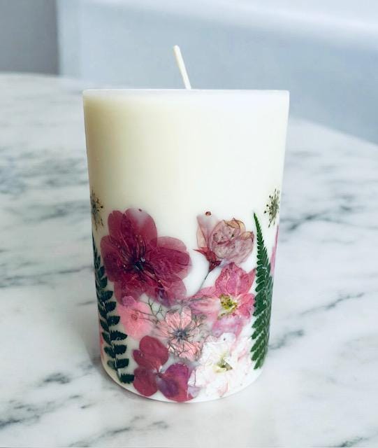 4.5 inch Handmade Decorative Botanical Pillar Candles with Real Pressed Flowers. Candle w Dried Flowers, Custom Candles Made to Order.