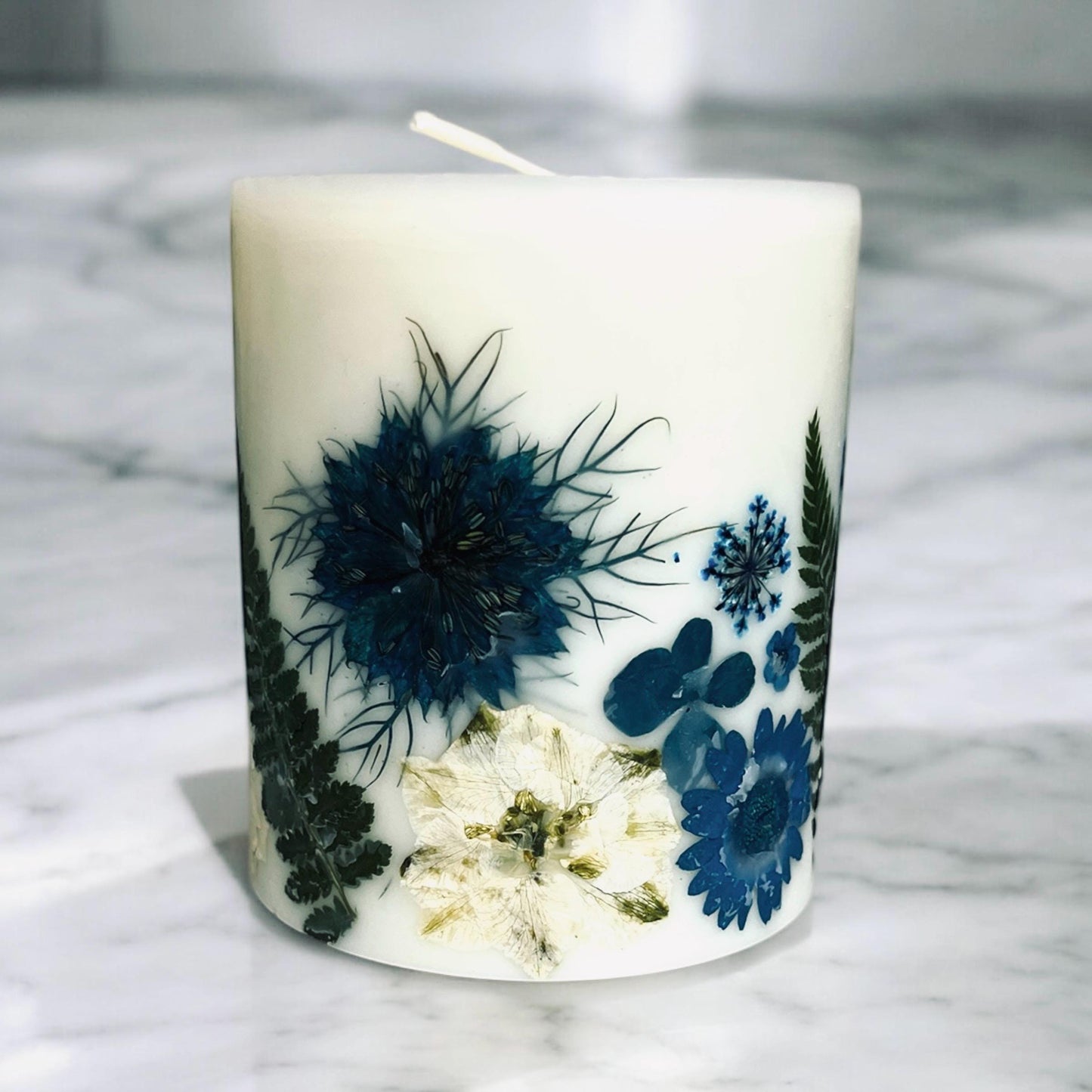 Handmade Botanical Pillar Candle with Real Pressed Flowers, Blue Decor