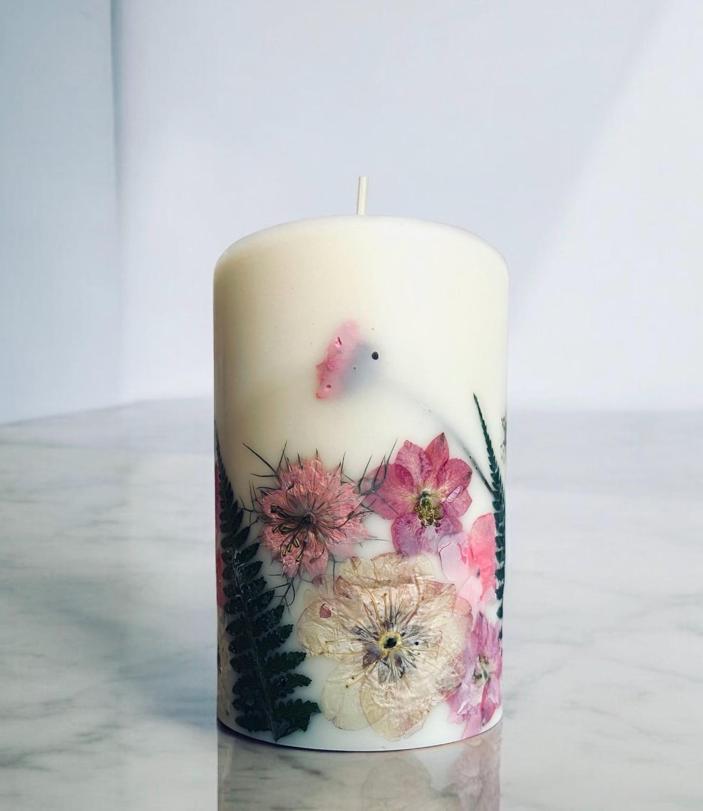 Handmade Pressed Flower Candle: Botanical Soy Wax Pillar (4.5").