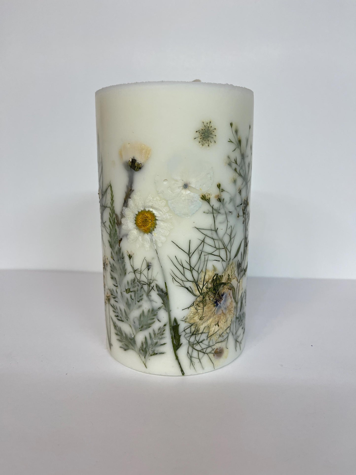 Handmade Pressed Flower Candle: Botanical Pillar, 4.5 Inch.