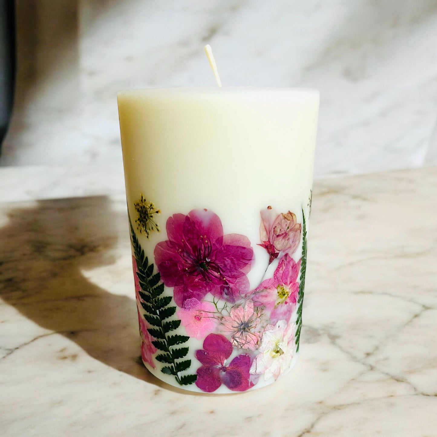 Pressed Flower Pillar Candle: 4.5 Inch Handmade Botanical Candle.