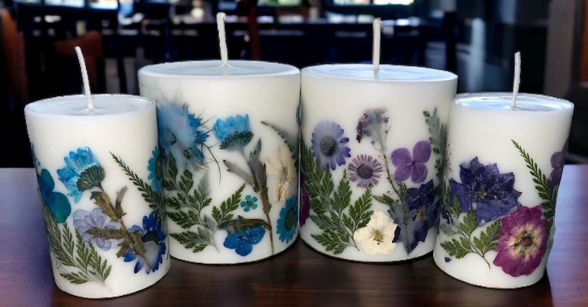 Handmade Botanical Pillar Candle Set, Real Pressed Flowers