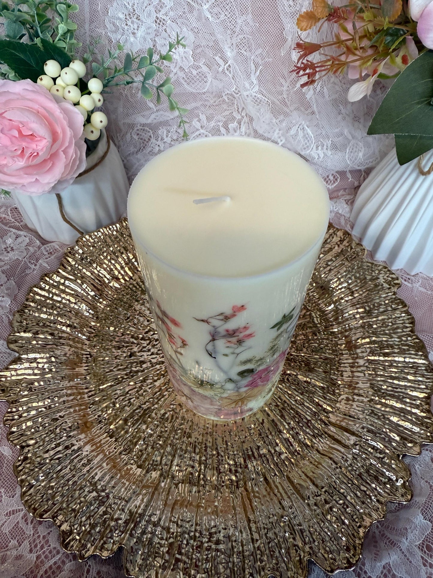 Pink/Cream 3.5-inch x 7-inch Pressed Flower Pillar Candle: 7" Botanical Soy Wax Candle