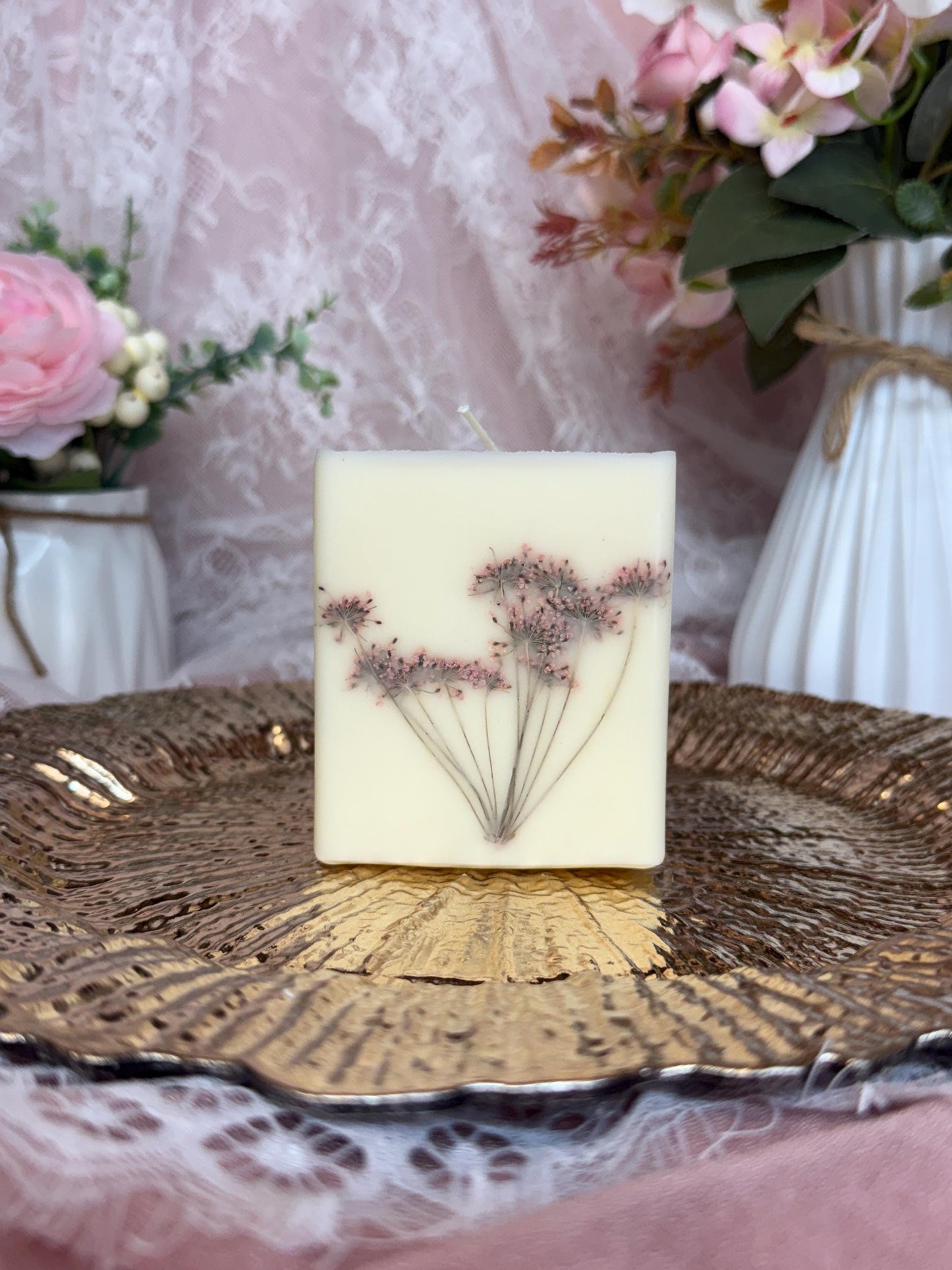 Pressed 3-inch Flower Candle: Queen Anne's Lace Botanical Pillar Candle