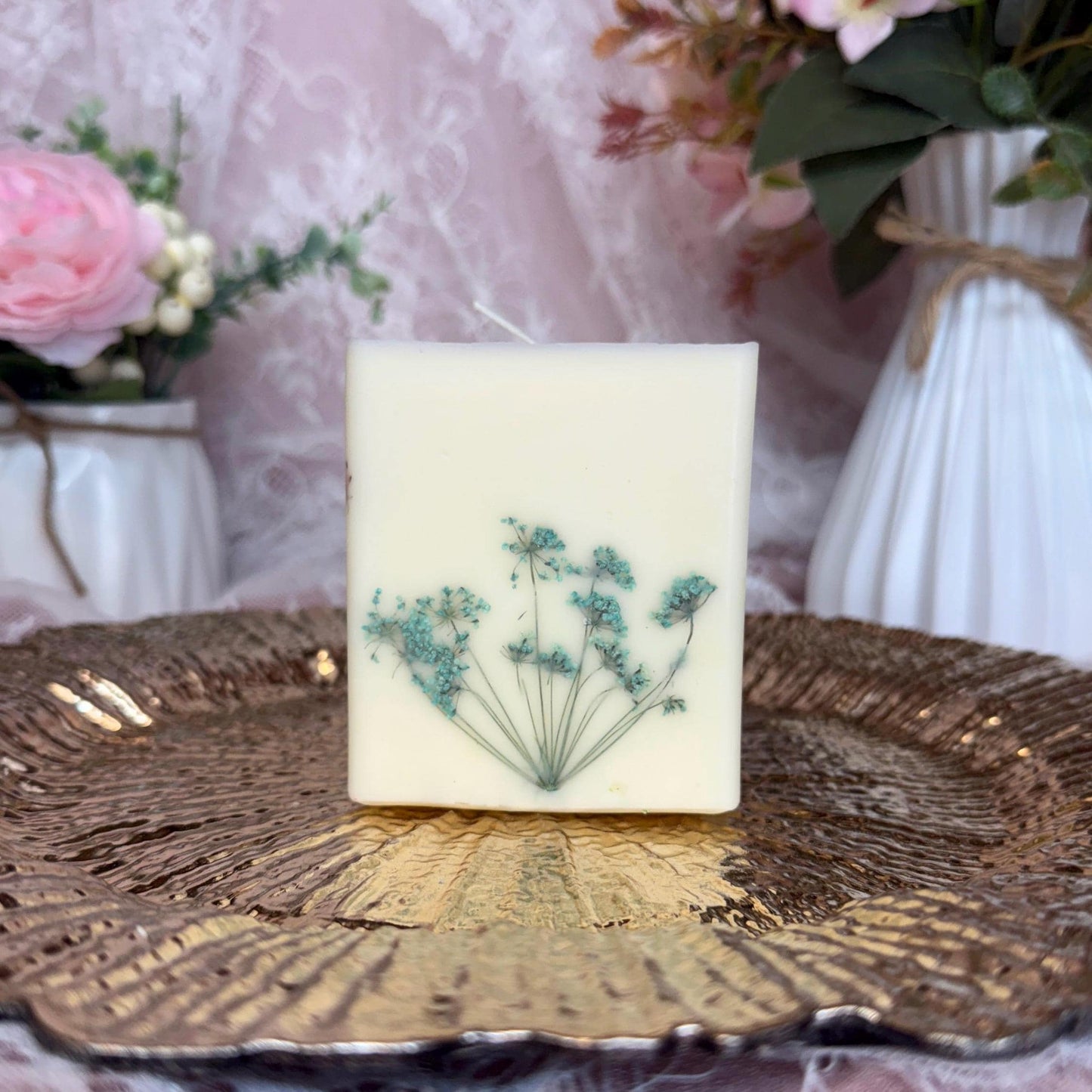 Pressed 3-inch Flower Candle: Queen Anne's Lace Botanical Pillar Candle